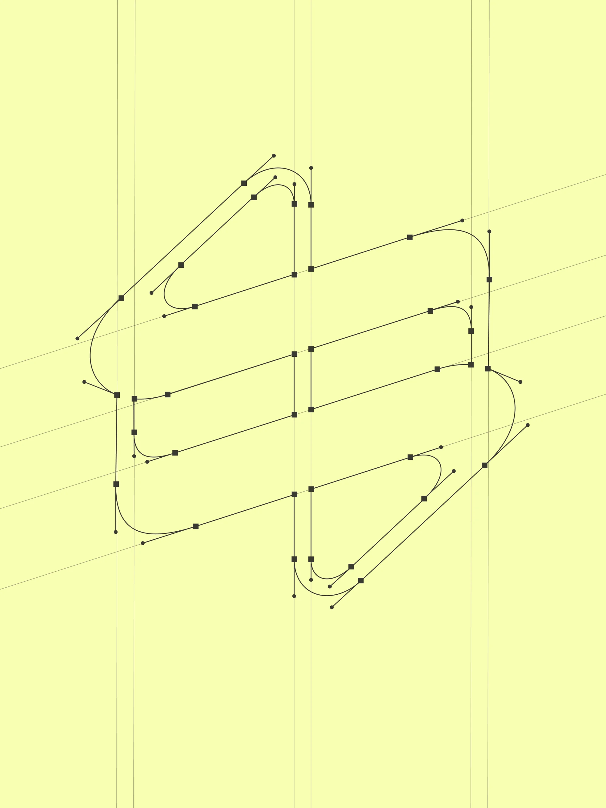 Abstract geometric vector art featuring black lines and squares forming a double helix shape on a light yellow background with gridlines.