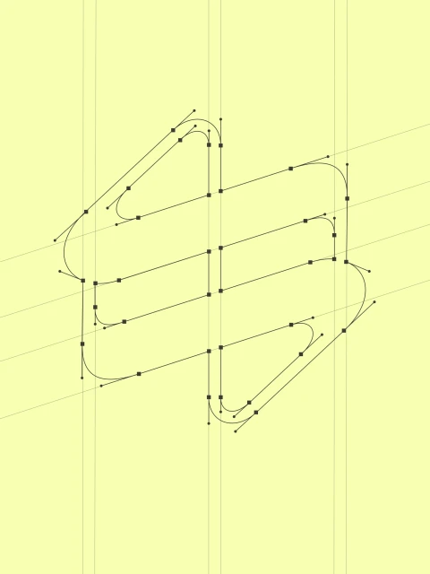 Abstract geometric vector art featuring black lines and squares forming a double helix shape on a light yellow background with gridlines.
