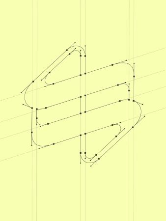 Abstract geometric vector art featuring black lines and squares forming a double helix shape on a light yellow background with gridlines.