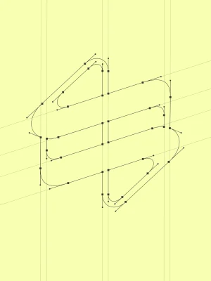 Vector line art logo design with anchor points and perspective grid lines on a pale yellow background