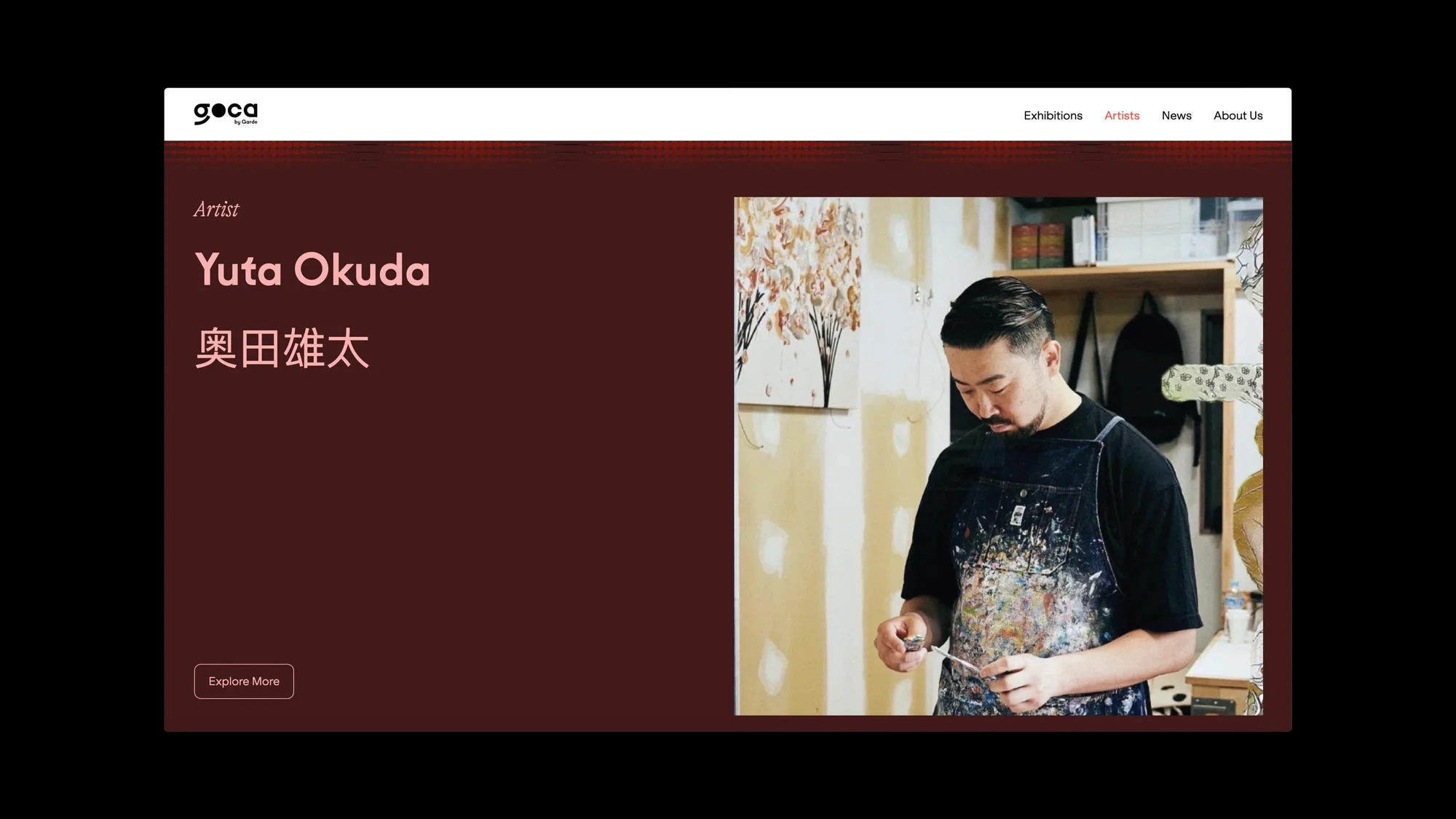 Artist Yuta Okuda in his studio, wearing a paint-splattered apron, surrounded by artwork, tools, and a neutral-toned room. 