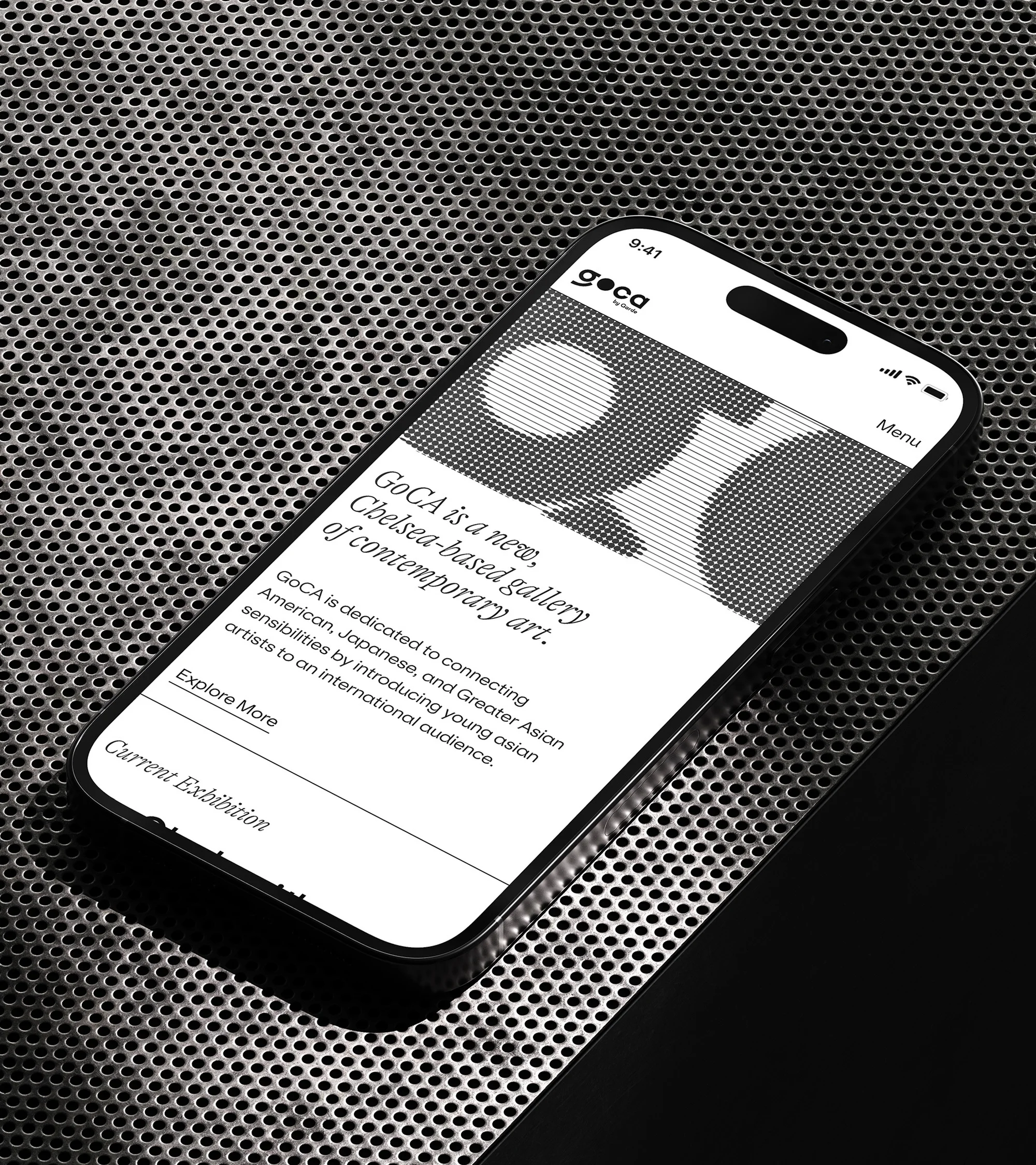 An iPhone displaying a website for GoCA, a Chelsea-based art gallery, is set against a dark, perforated metal background.