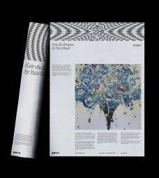 Graphic design poster and rolled print featuring blue floral artwork and typography against a solid black background.