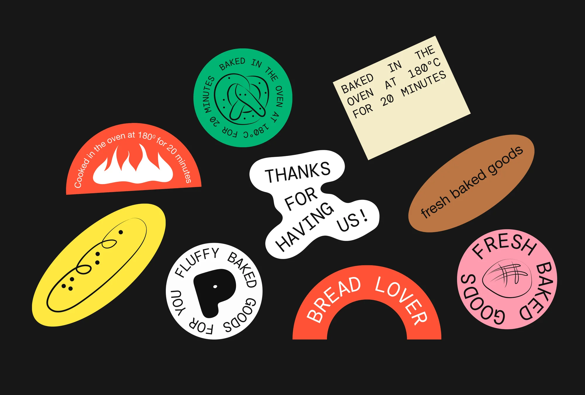 Graphic illustration of various colorful baked goods stickers on a black background, including bread, pretzels, and oven-baked goods.