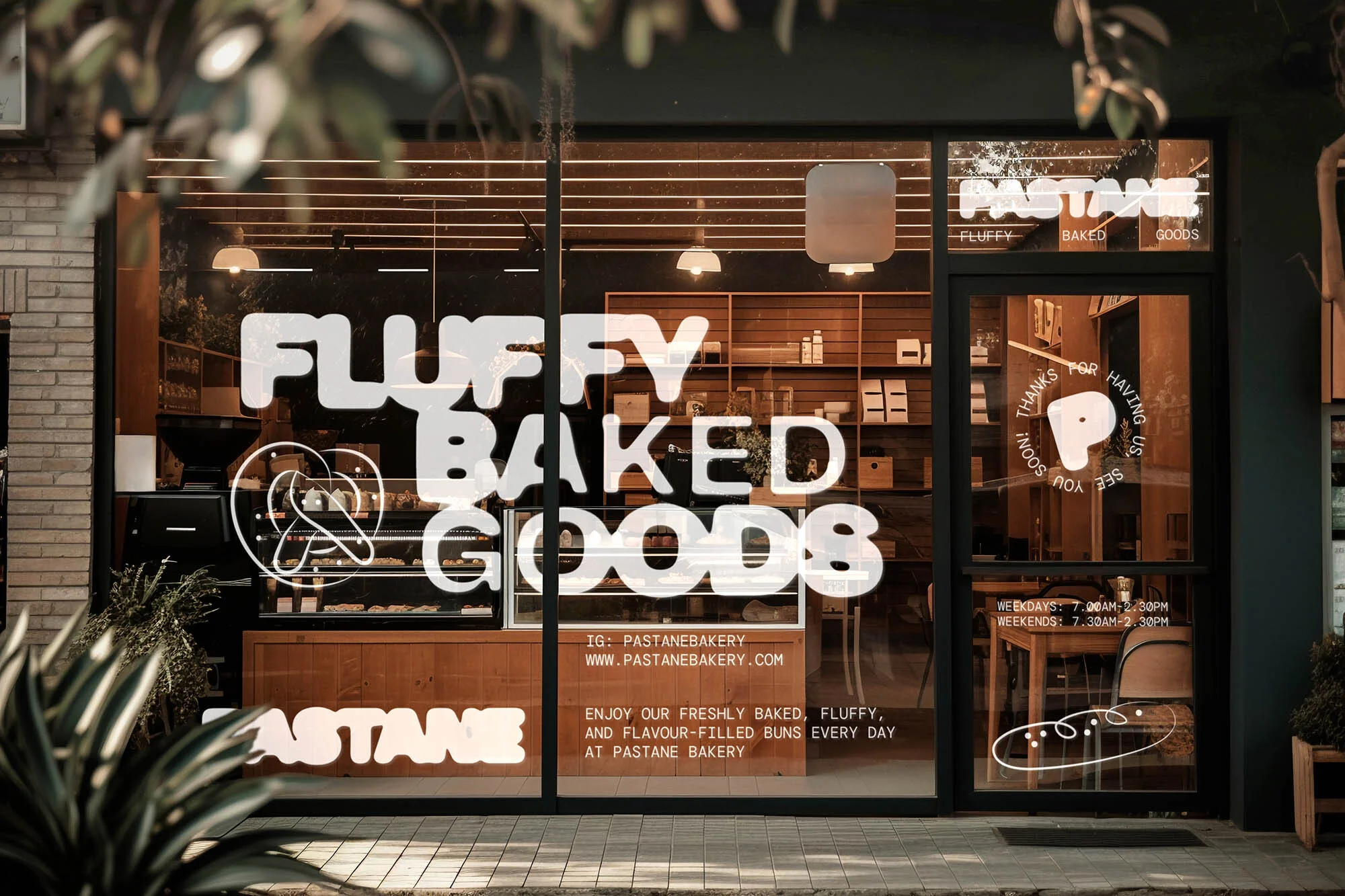 Exterior view of Pastane Bakery, featuring window decals with bakery branding and hours, plus glimpses of the interior and baked goods.