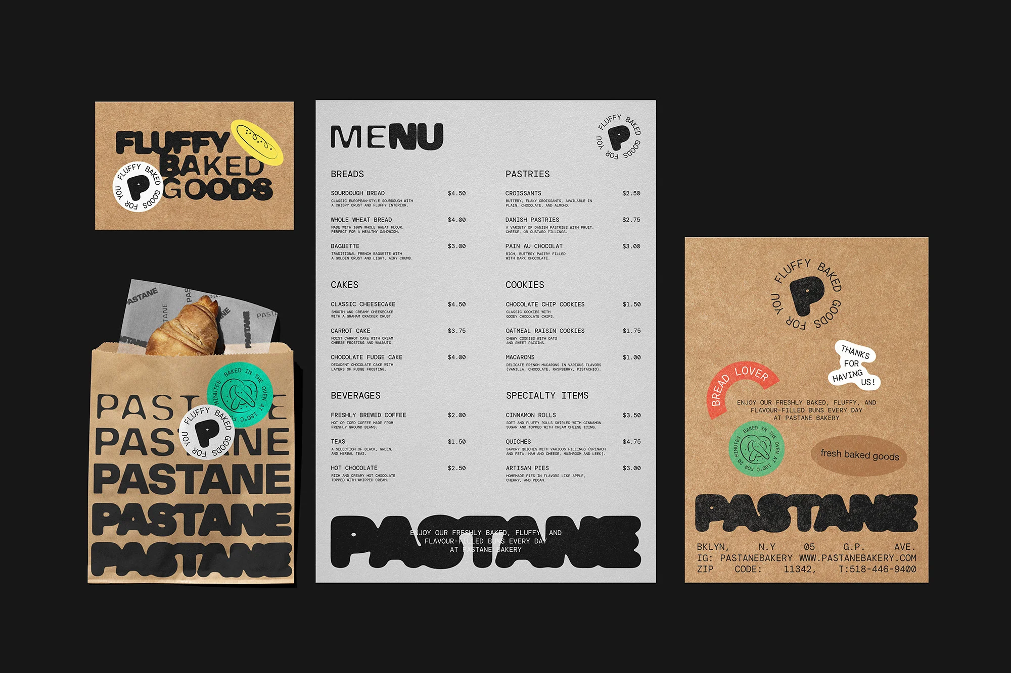 Promotional layout showcasing Pastane bakery's branding and menu with bakery items on kraft paper and black backdrop.