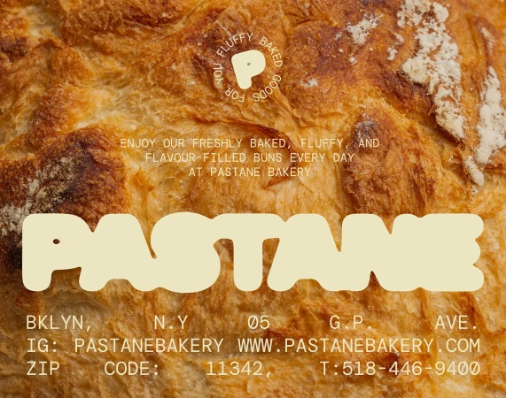 Close-up photo of a pastry showing the pastry's golden-brown crust and delicious texture, alongside bakery information and branding.