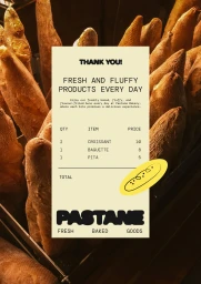 Receipt-style brand graphic for Pastane overlaying a background of fresh baked baguettes and bread