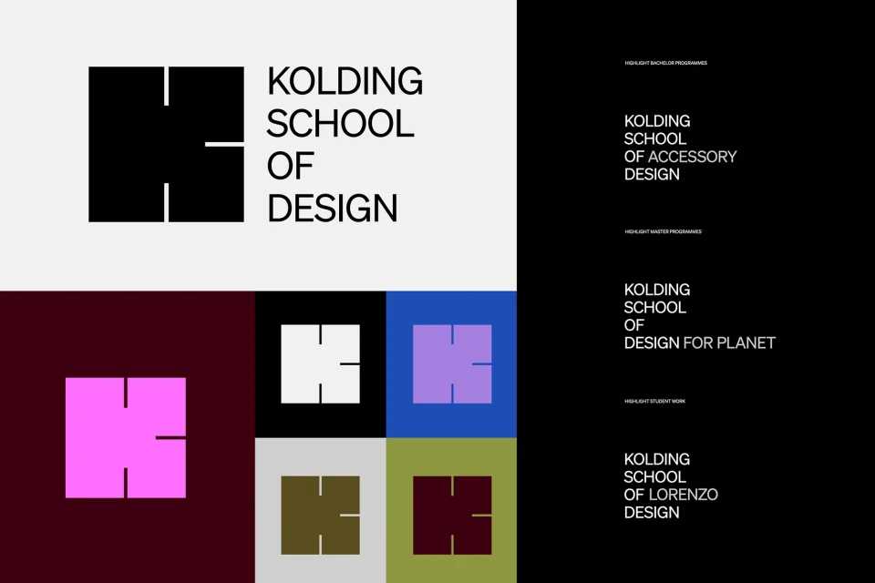 Kolding School of Design logo and program overview with square block graphic and typographic layout on white and black background.