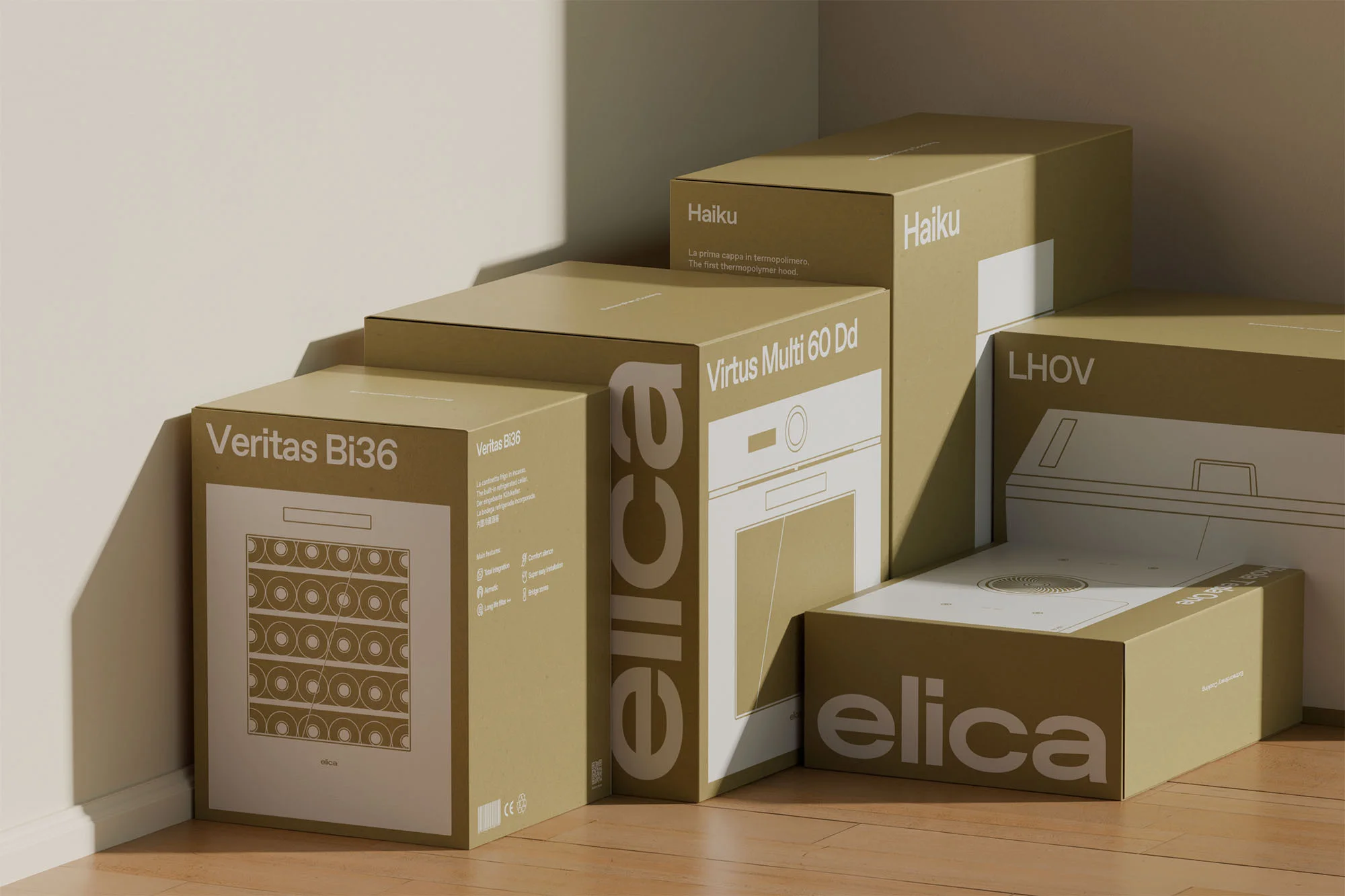 Several cardboard boxes stacked on top of each other, each with product information and the brand 'elica' printed on the side.