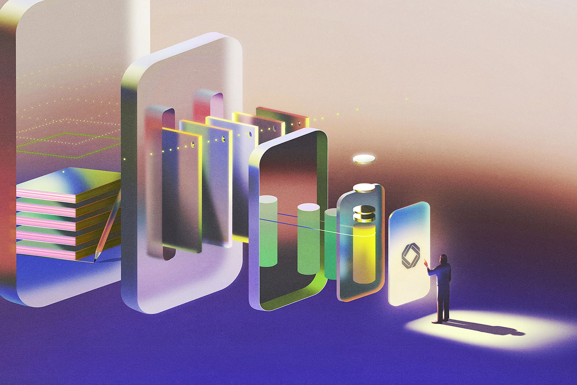 Abstract technology concept art featuring a person interacting with digital interfaces, data layers, and colorfully rendered shapes.