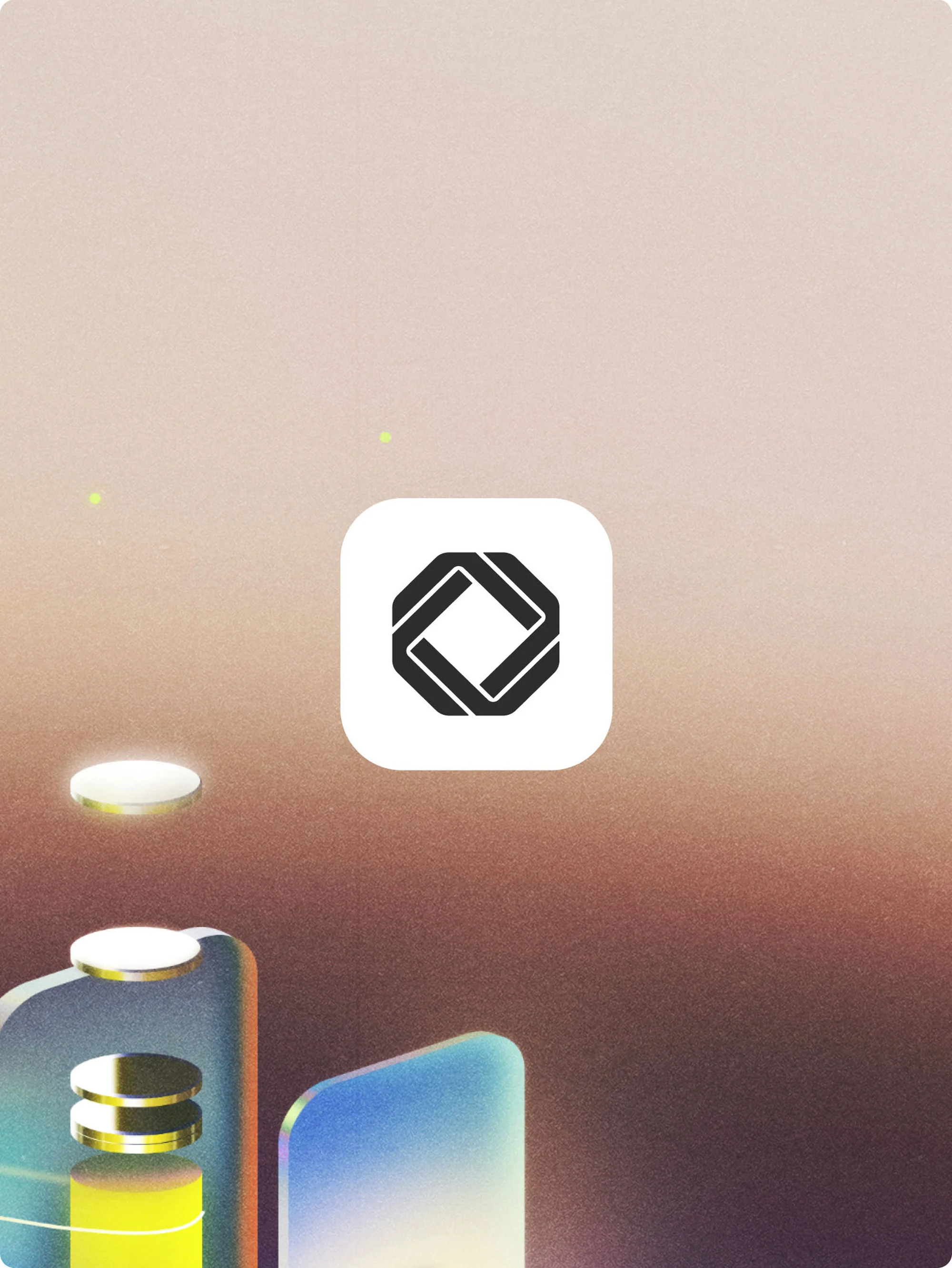 Abstract 3D render with blurred geometric shapes, soft lighting, and a central logo on a peach and brown gradient background.
