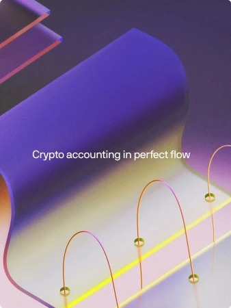 Abstract crypto accounting visualization with curved purple glass, copper wire loops, and glowing yellow lines on light blue background.