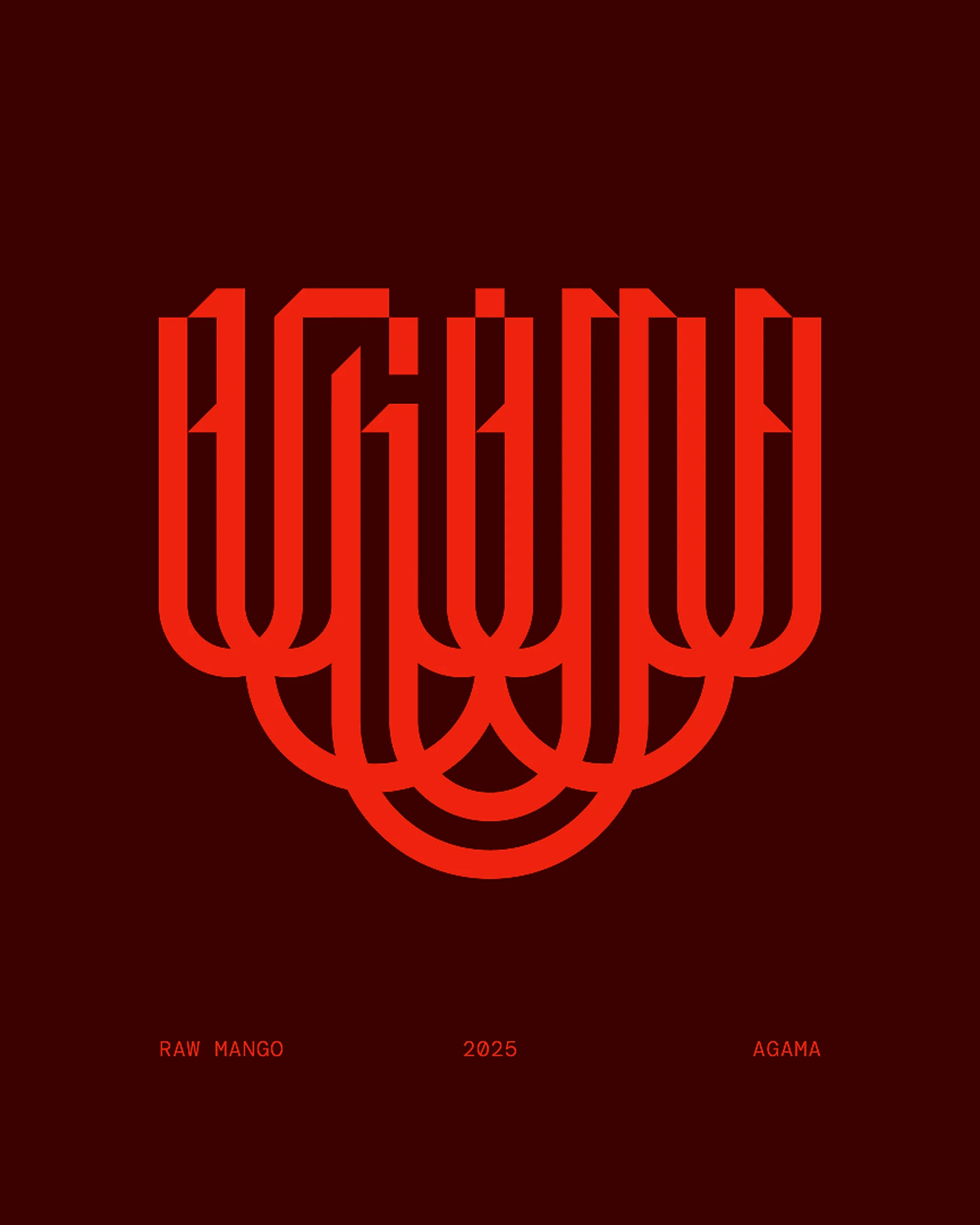 Graphic art with an abstract letterform design in shades of red. Modern graphic with text elements and dark red background.
