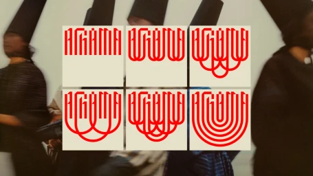 Graphic brand identity design for Raw Mango featuring red typographic elements overlaid on figures wearing tall conical hats