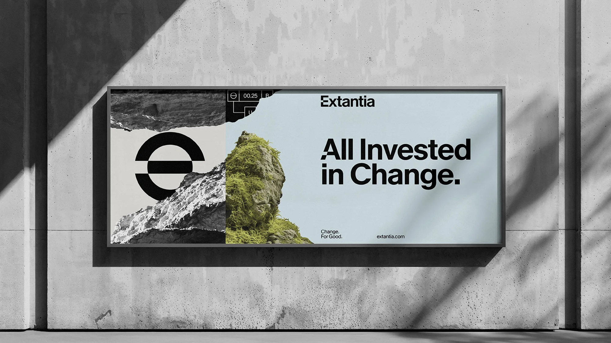 Outdoor billboard featuring a split design with a mountain graphic and the text 'Extantia. All Invested in Change'.
