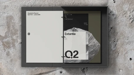 Open ring binder document showing Extantia quarterly report on a textured concrete surface.