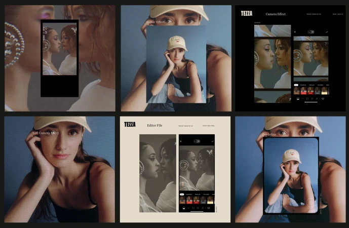 Collage of digital images featuring a young woman wearing a baseball cap, set against a blue backdrop and Tezza editing app graphics.