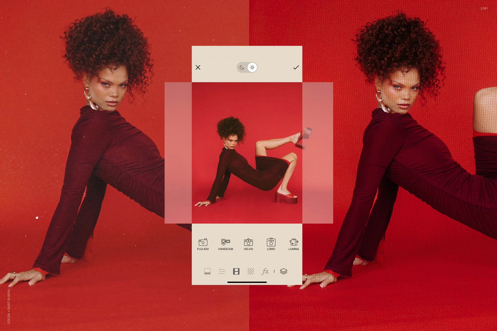 Woman in maroon dress strikes a pose against a red backdrop while a photo-editing mobile interface shows the same portrait.