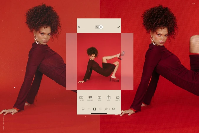 Woman in maroon dress strikes a pose against a red backdrop while a photo-editing mobile interface shows the same portrait.