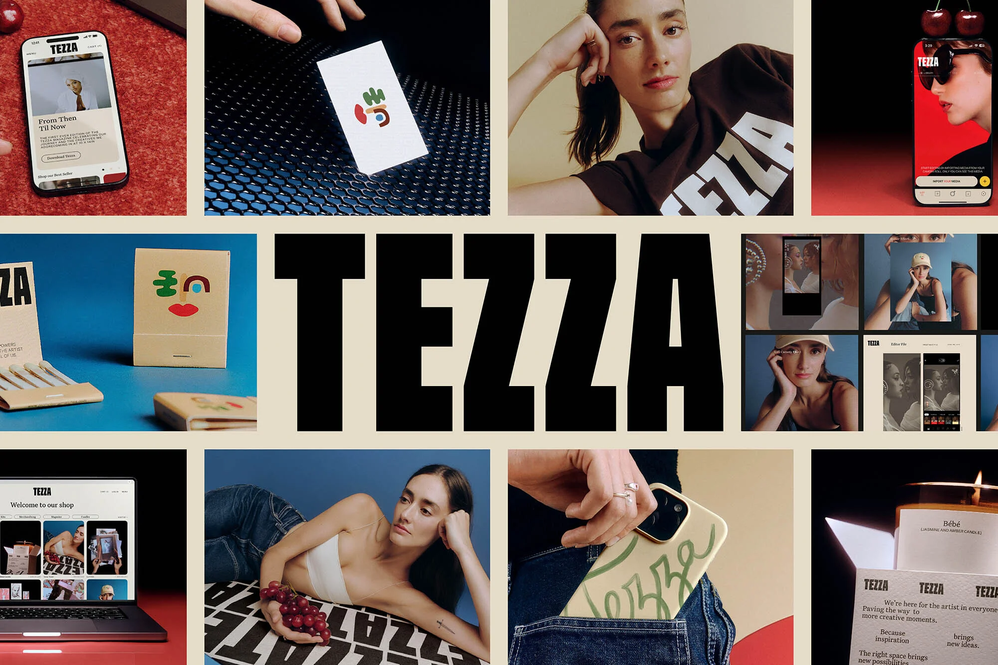 Tezza collage: smartphones, laptops displaying content, model portraits, and lifestyle objects, set against red, blue, and beige backdrops.