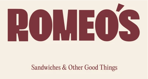 Romeos brand identity logo typography in dark red over a cream background with the tagline Sandwiches and Other Good Things.