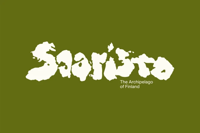 Saaristo text on green background, travel destination, archipelago of Finland, promotional graphic design with white lettering.