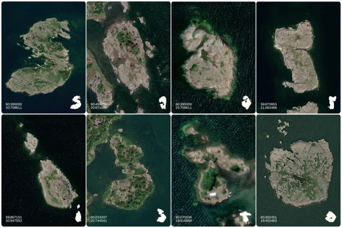 Aerial views of various small, rocky islands with sparse vegetation, surrounded by dark water, presented in an eight-panel grid format.