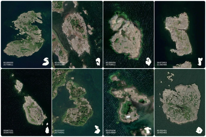 Grid of eight aerial satellite views of small rocky islands surrounded by dark water with coordinate data and white shape silhouettes