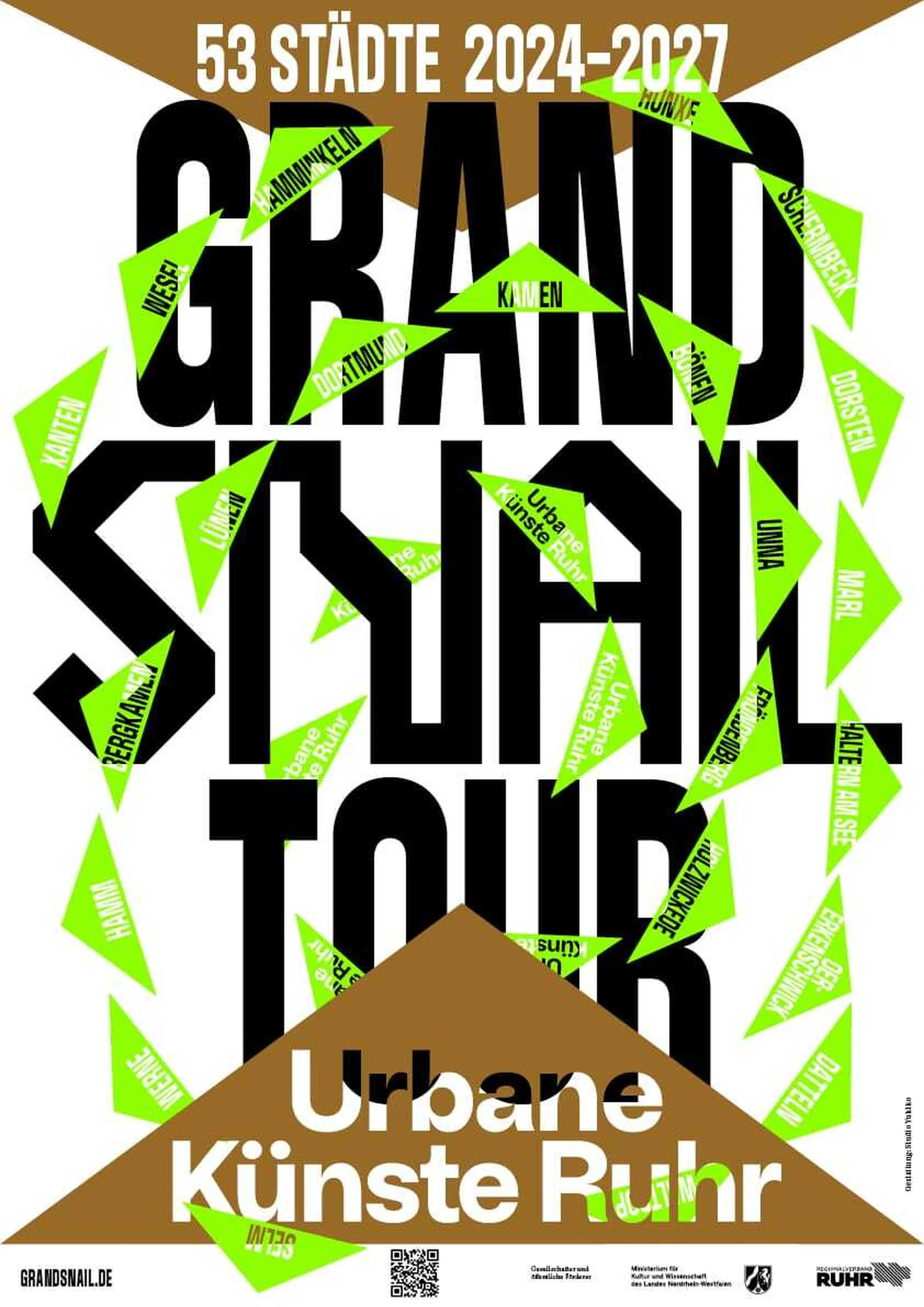 Poster art for 'Grand Tour' featuring geometric shapes and typography in brown, green and black colors, advertising a cultural event.