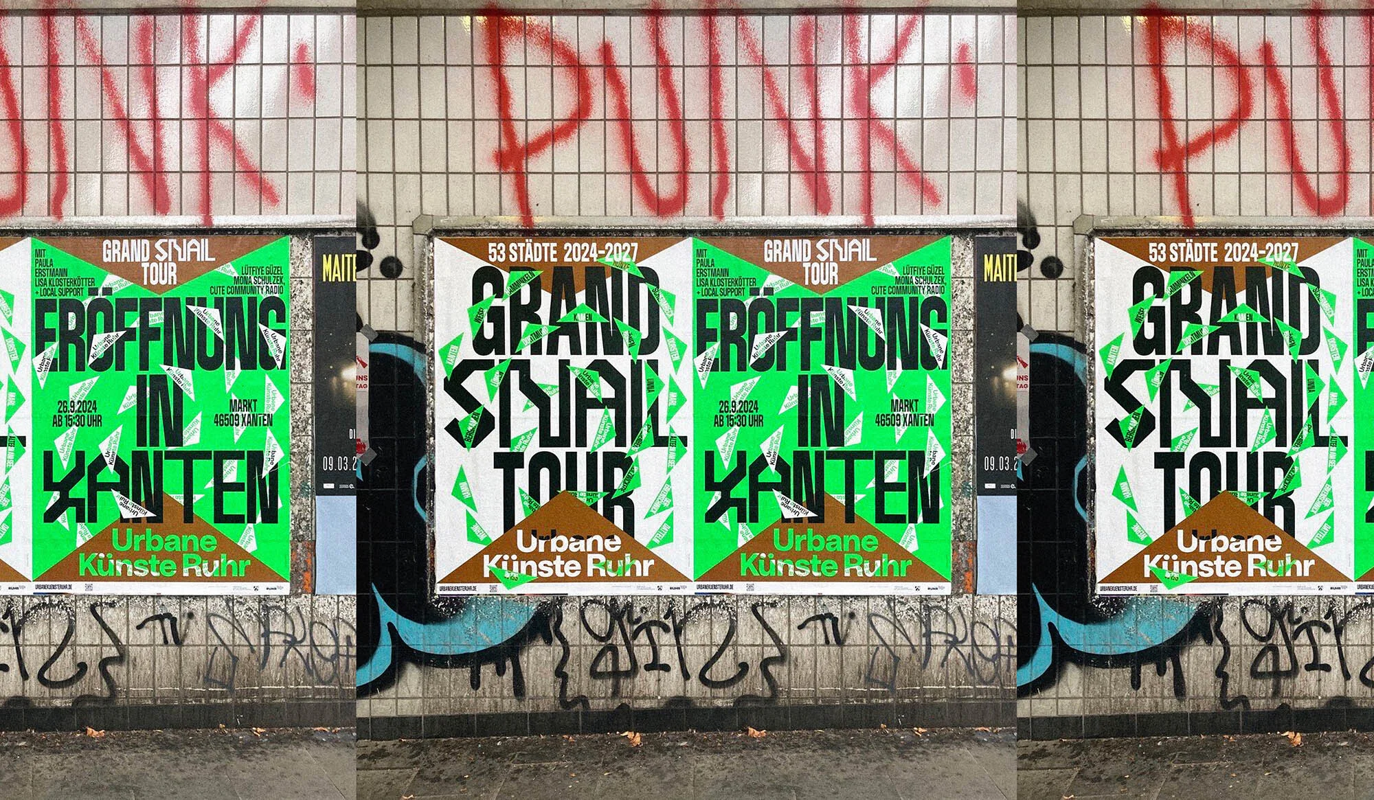 Grand Snail Tour posters pasted on a tiled urban wall featuring bold green and black typography with red spray paint graffiti overhead.