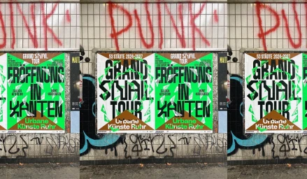 Grand Snail Tour posters pasted on a tiled urban wall featuring bold green and black typography with red spray paint graffiti overhead.