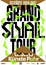 Graphic poster with bold black typography, brown triangle element, and scattered bright green triangular text fragments