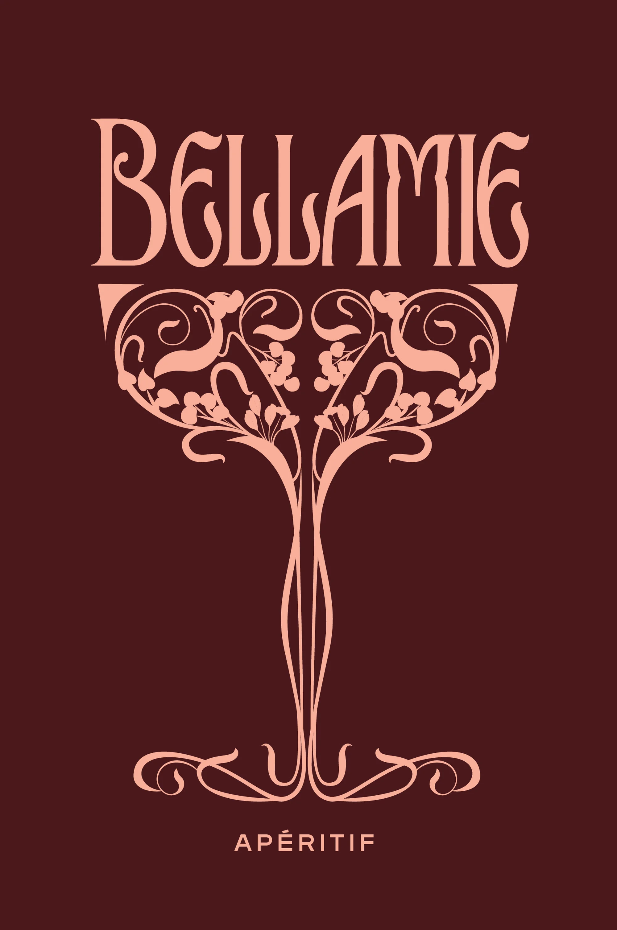 Art Nouveau style graphic advertisement featuring the text 'BELLAMIE' and 'APÉRITIF' in peach against a solid maroon background.