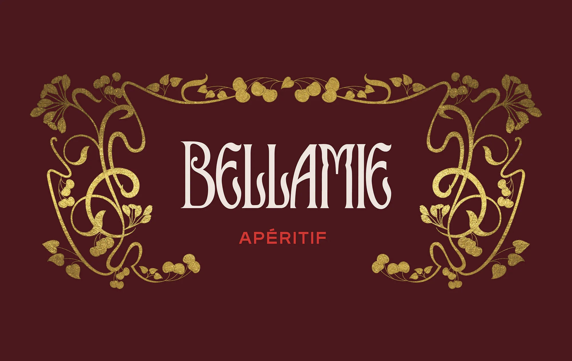 Elegant gold floral design framing BELLAMIE and APÉRITIF text on a rich burgundy background in a visually appealing composition.