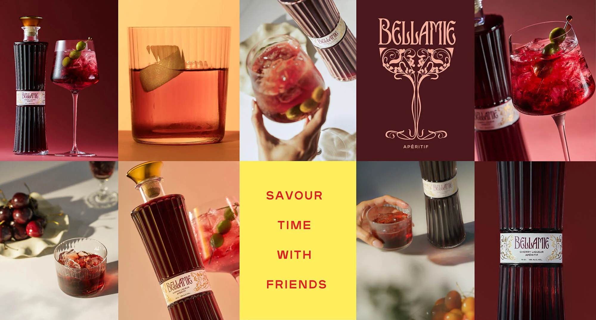 Bellamie Cherry Liqueur Aperitif displayed in multiple scenes with drinks, bottles, and a decorative logo on various backgrounds.
