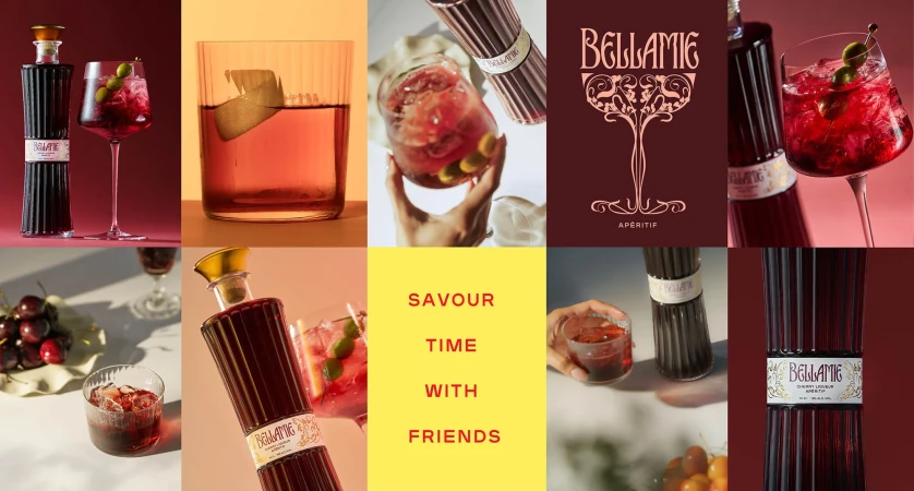Bellamie Cherry Liqueur Aperitif displayed in multiple scenes with drinks, bottles, and a decorative logo on various backgrounds.