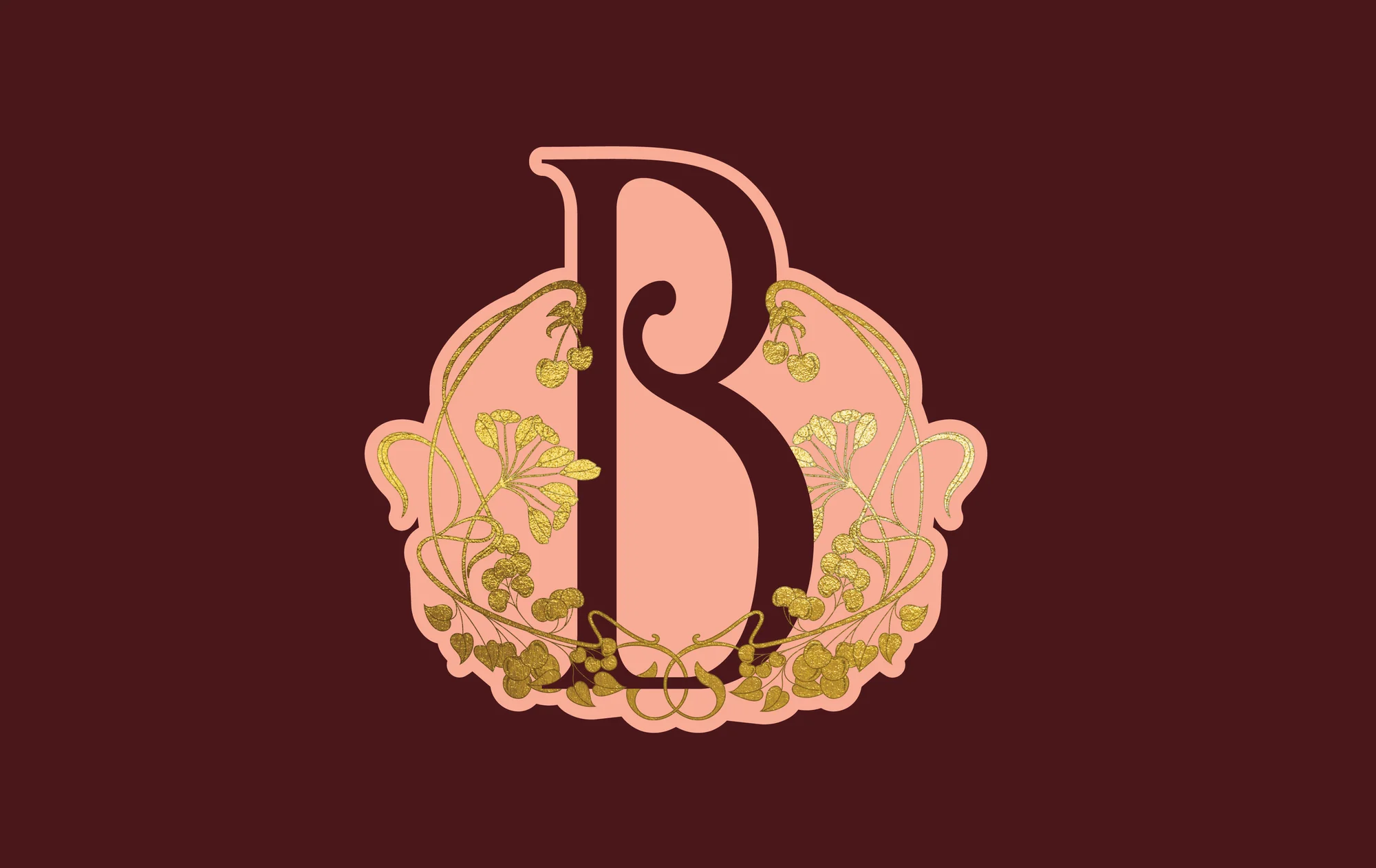 Elegant letter B artwork featuring a light peach letter with dark brown shadow, gold botanical elements on a deep brown background.