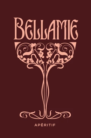 Bellamie brand identity graphic featuring stylized pink typography and ornate botanical wine glass illustration on burgundy background