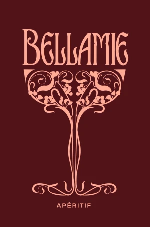 Bellamie brand identity graphic featuring stylized pink typography and ornate botanical wine glass illustration on burgundy background