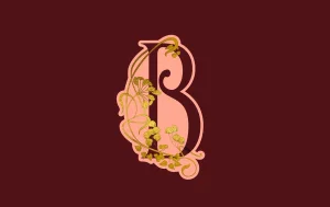 An ornate letter B monogram decorated with gold botanical vines against a solid dark burgundy background