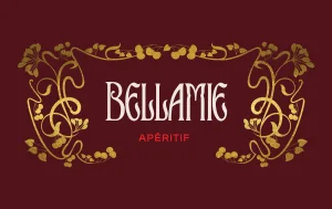 Bellamie brand identity featuring gold art nouveau floral framing and white typography on a dark burgundy background
