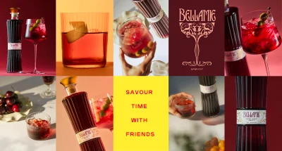 Collage of Bellamie aperitif bottles, cocktails with olives, fresh cherries, and brand typography against vibrant backdrops.