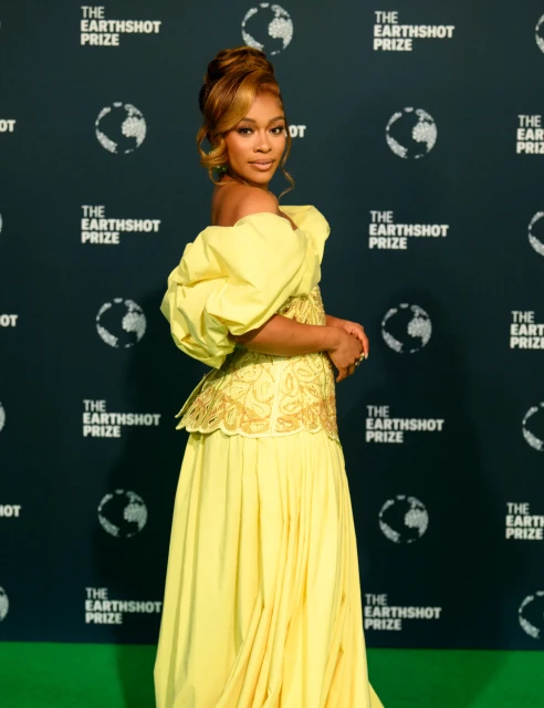 Adult female in yellow off-shoulder gown at The Earthshot Prize event, smiling, with updo hairstyle and evening makeup, against logo backdrop.