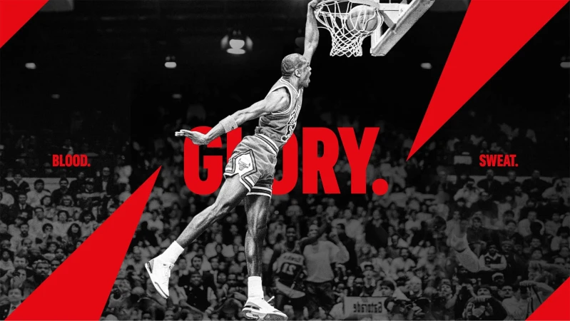 Man in basketball uniform performs slam dunk over crowd, with red text overlay saying 'Glory', 'Blood', and 'Sweat'.