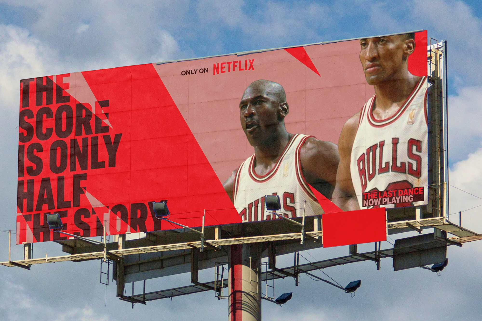 A billboard advertisement features Michael Jordan and Scottie Pippen of the Chicago Bulls, promoting the Netflix documentary "The Last Dance."
