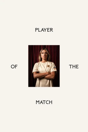 Portrait of a female athlete with arms crossed, wearing sports apparel, in front of a red curtain with 'Player of the Match' text overlay.