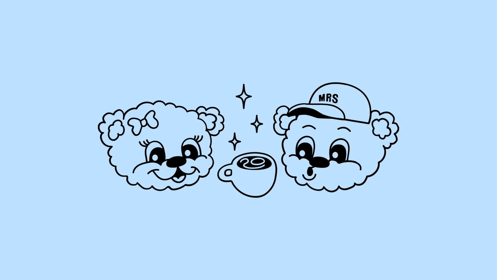 Illustration of two cartoon bear heads with a cup of coffee on a light blue background, with 'MRS' on the bear's cap.