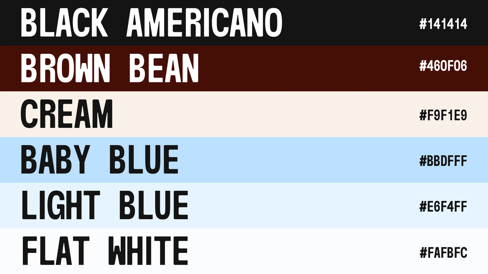 Color palette with swatches in black, brown, cream, baby blue, light blue, and flat white accompanied by hex codes for each color.