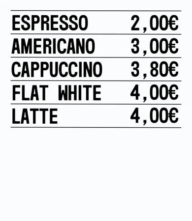 Menu displaying the prices of various coffee drinks, including espresso, Americano, cappuccino, flat white, and latte.